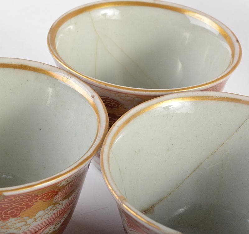 九谷焼　古九谷　大日本九谷製　赤絵金彩　玉露茶碗　煎茶器　5客　M　R4767