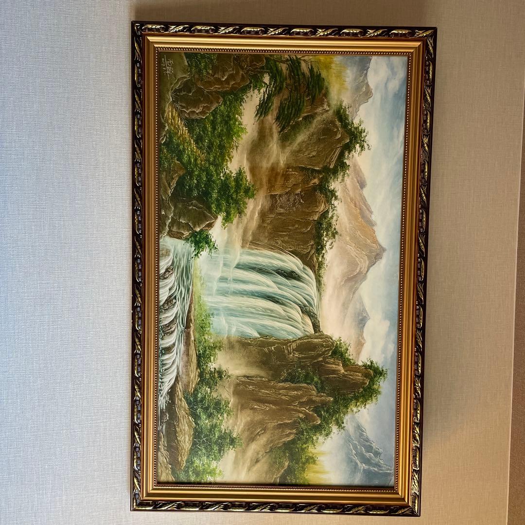 滝と山の風景 油彩画 大きめ