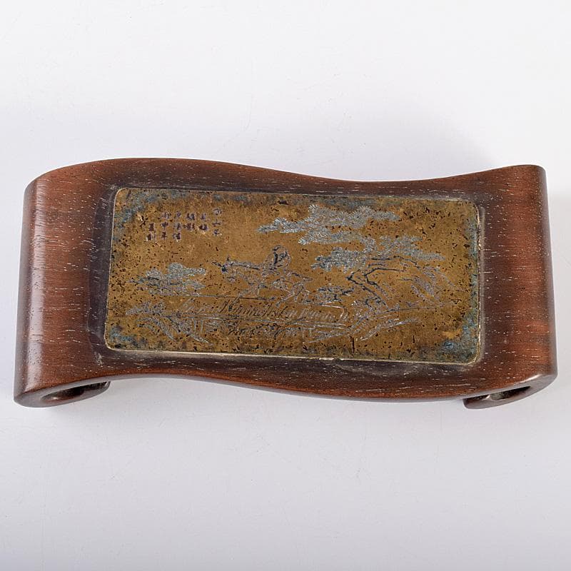 中国　唐木紫檀製　在銘漢詩山水人物文銅天板　墨床　墨台　C　7804E