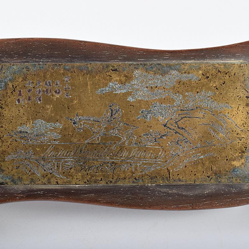 中国　唐木紫檀製　在銘漢詩山水人物文銅天板　墨床　墨台　C　7804E