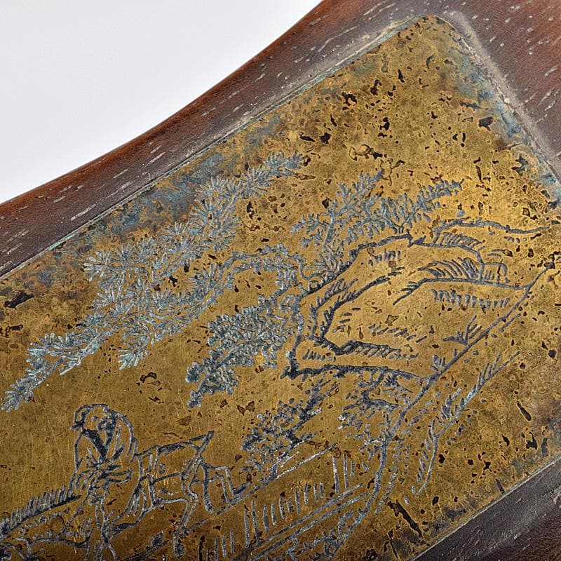 中国　唐木紫檀製　在銘漢詩山水人物文銅天板　墨床　墨台　C　7804E