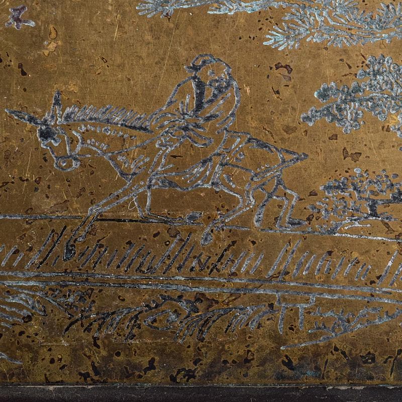 中国　唐木紫檀製　在銘漢詩山水人物文銅天板　墨床　墨台　C　7804E