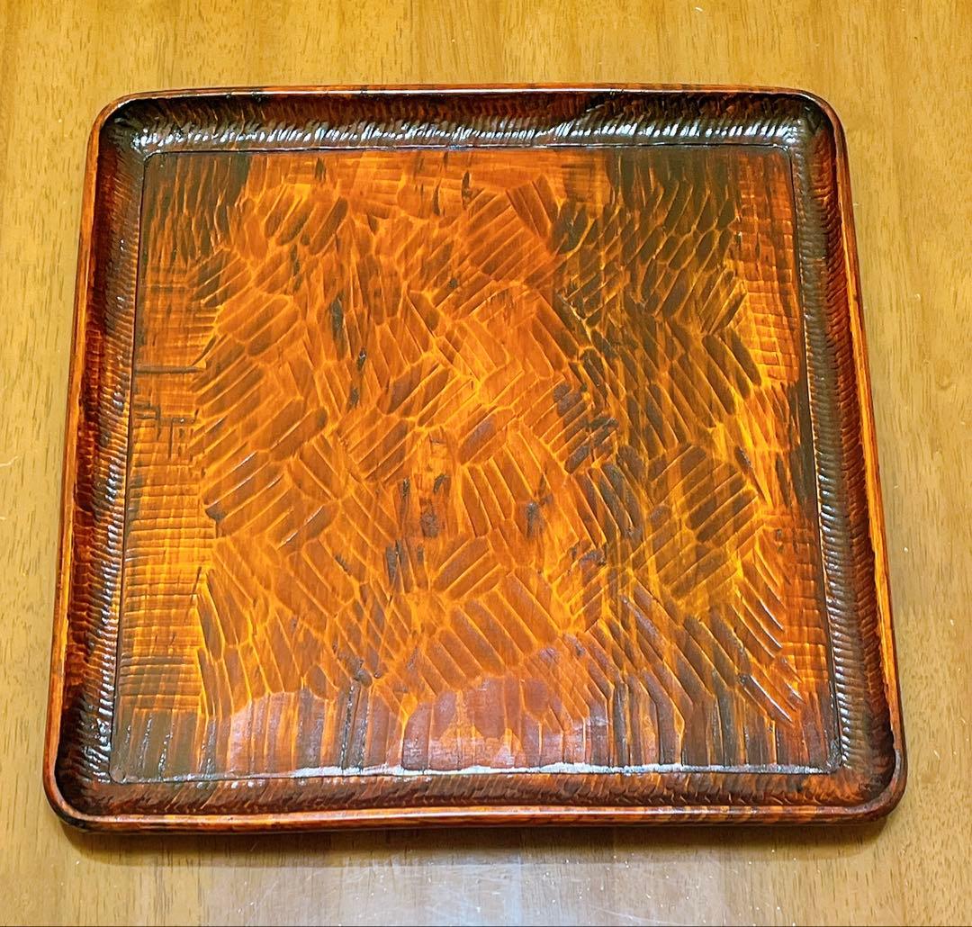 時代物 お膳 讃岐彫り 正方形 お盆 アンティーク 漆器 トレー 木彫り ３枚組