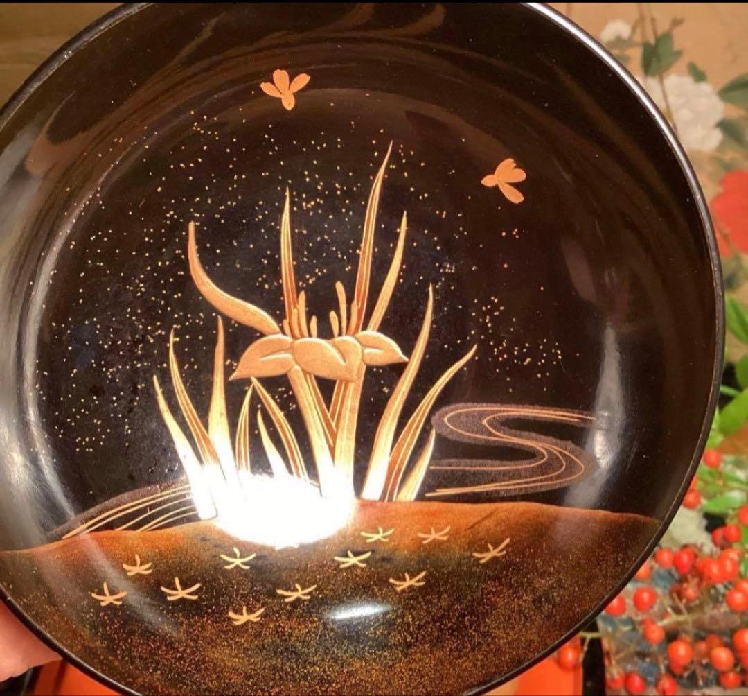 A1061 木製輪島塗　懐石道具　衝羽根に流水菖蒲　蒔絵　2客