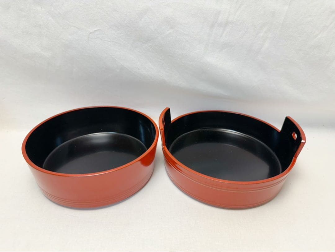 未使用 茶道具 漆専堂造 木製朱塗 桶形二段重 内黒 木工芸 共箱