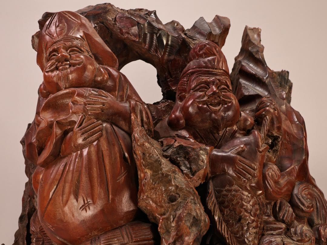 BK238　木彫　恵比寿像　大黒像　東洋彫刻　仏教美術　置物　床飾り　オブジェ