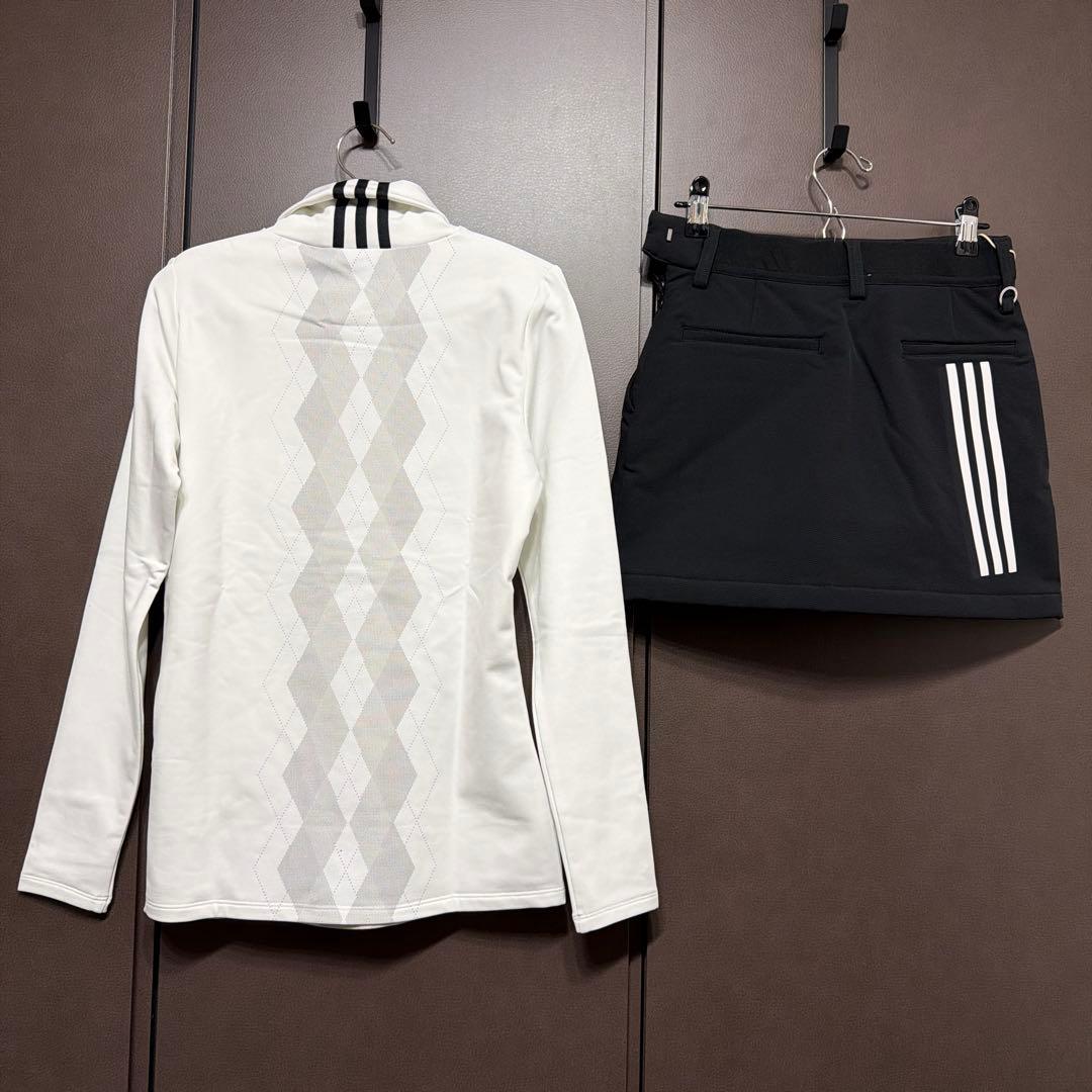 新品✨アディダスゴルフ　上下　タートルネックシャツ　裏起毛スカート　白　黒　Ｓ