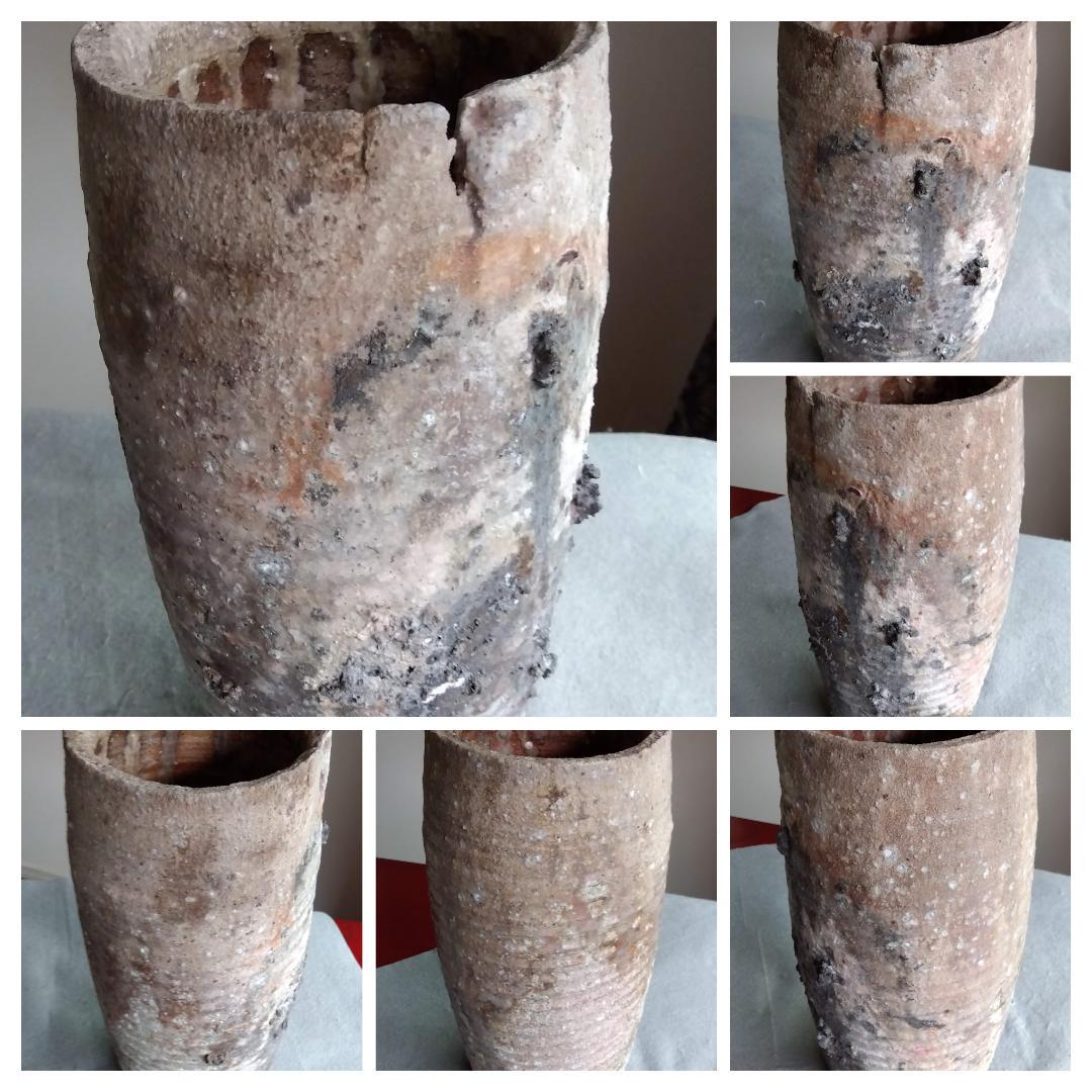 越前焼　白越不朝　塩越窯　自然灰釉究極美迸る逸品 還元窯変美筒状花器 No:12