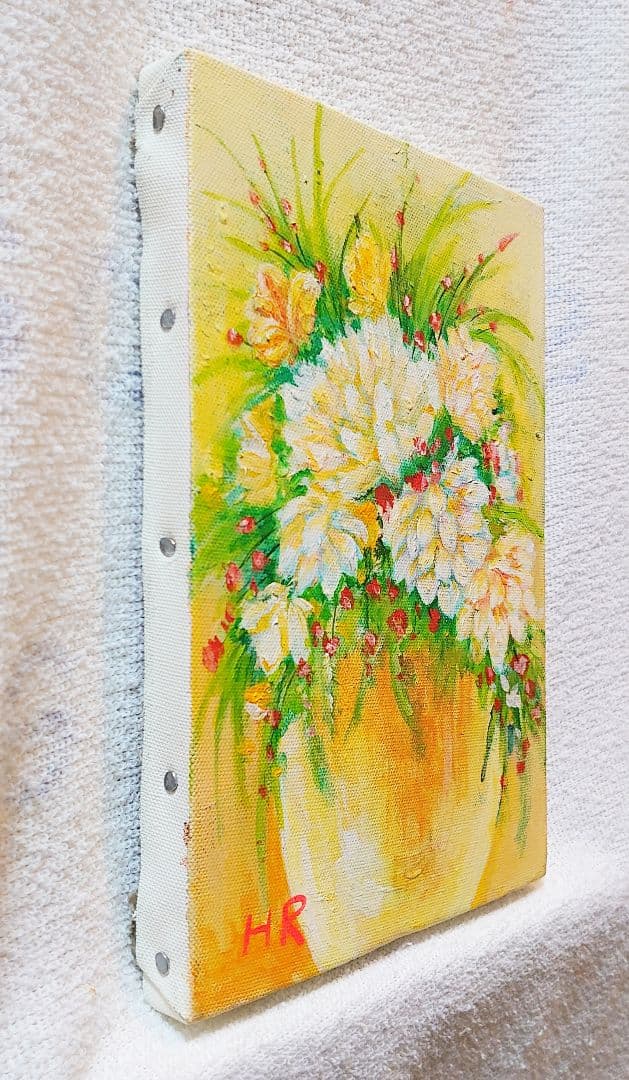 油絵 絵画【白と黄色花】