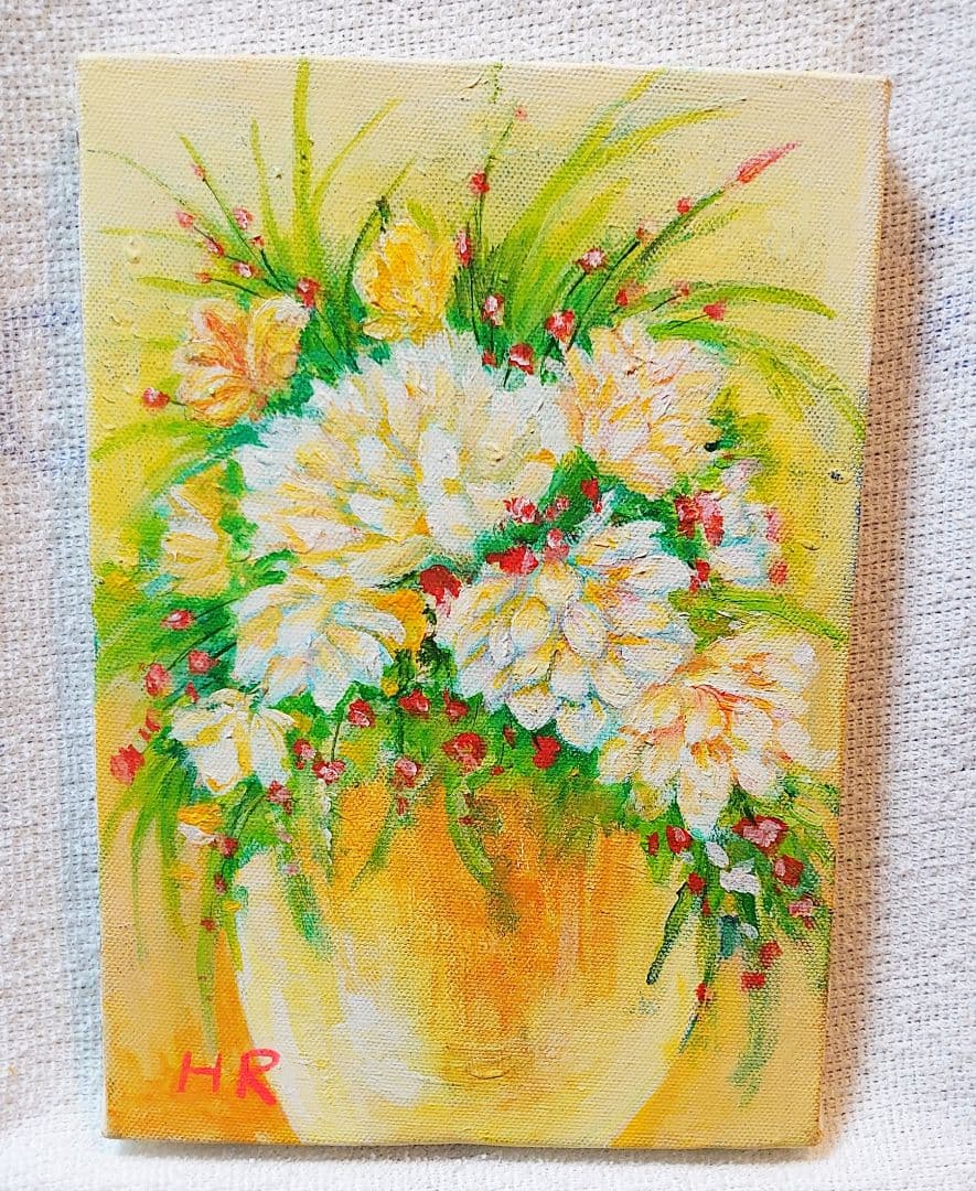 油絵 絵画【白と黄色花】