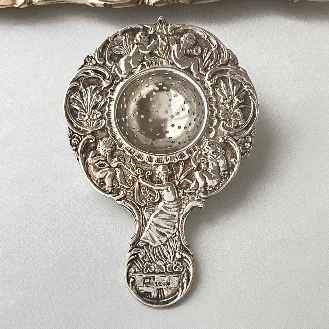 【ドイツ】 天使とチェラブのティーストレナー【純銀】11cm 42g