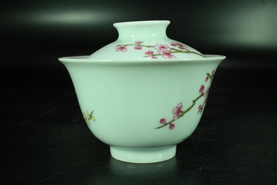 中国美術 粉彩 花鳥画 蓋碗 皿 一対(K-HA502)