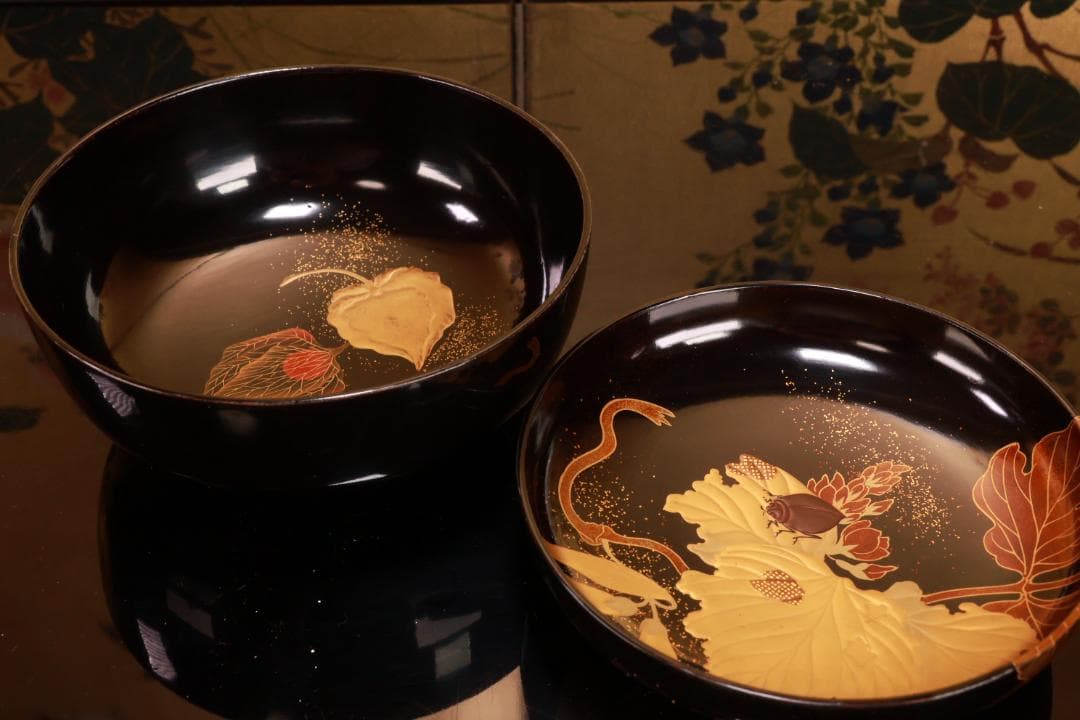 turu　BJ023 時代輪島塗　鬼灯図金蒔絵　吸物椀　八客　木製