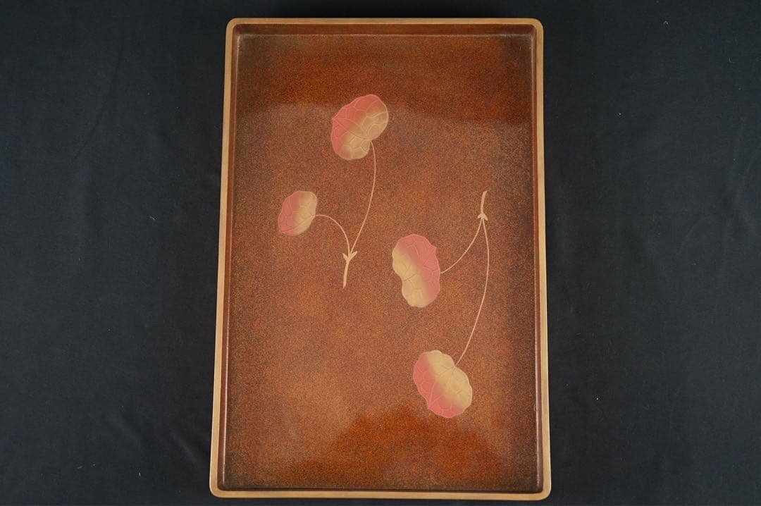 江戸後期 時代 総梨地 朱金 蓮蒔絵 硯蓋 共箱 木製漆器 書道具 古美術