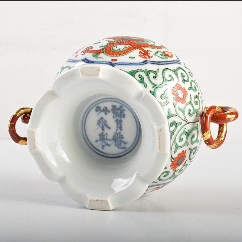 篩月庵　三浦竹泉造　赤絵金彩　花唐草龍文　双耳遊環香炉　共布共箱　J　R7438