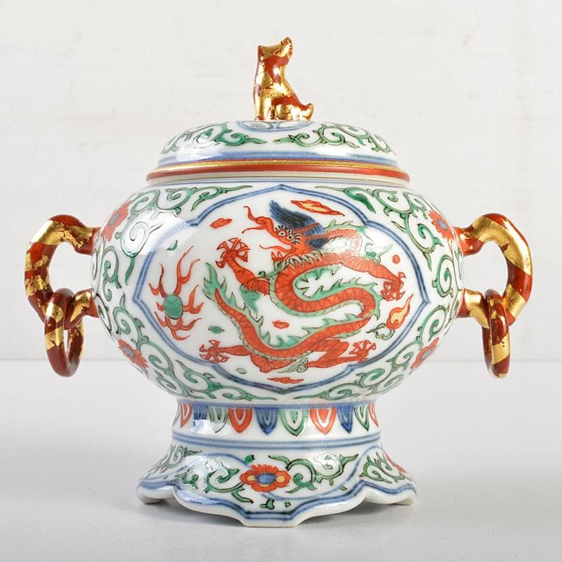 篩月庵　三浦竹泉造　赤絵金彩　花唐草龍文　双耳遊環香炉　共布共箱　J　R7438