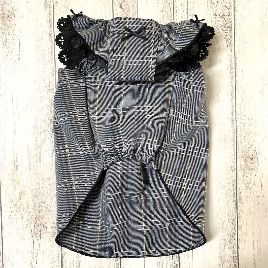 秋色チェックのパールオンギャザースモック/犬服/犬服ハンドメイド/ハンドメイド