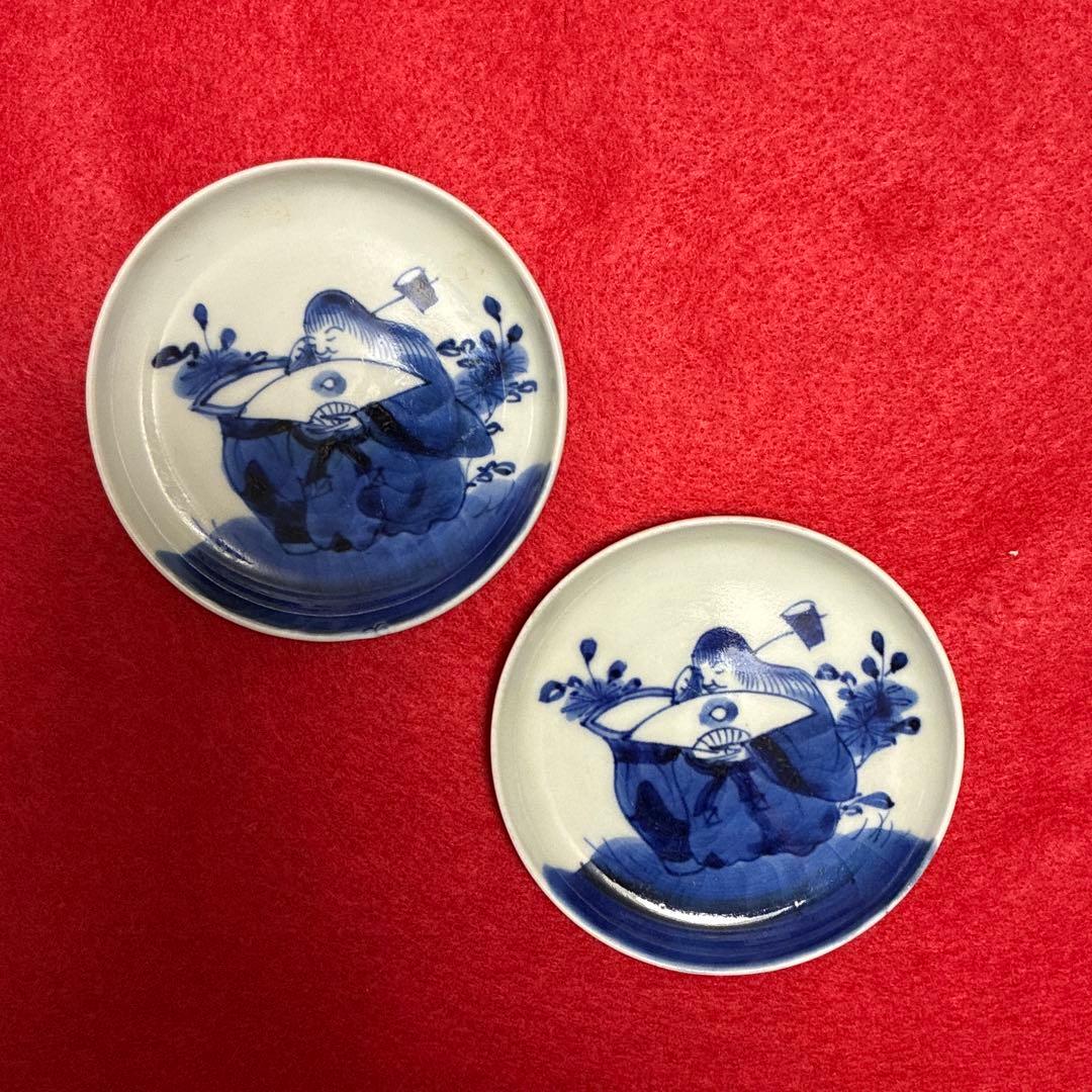 古伊万里　染付　酒呑仙人　猩猩　豆皿　2枚組