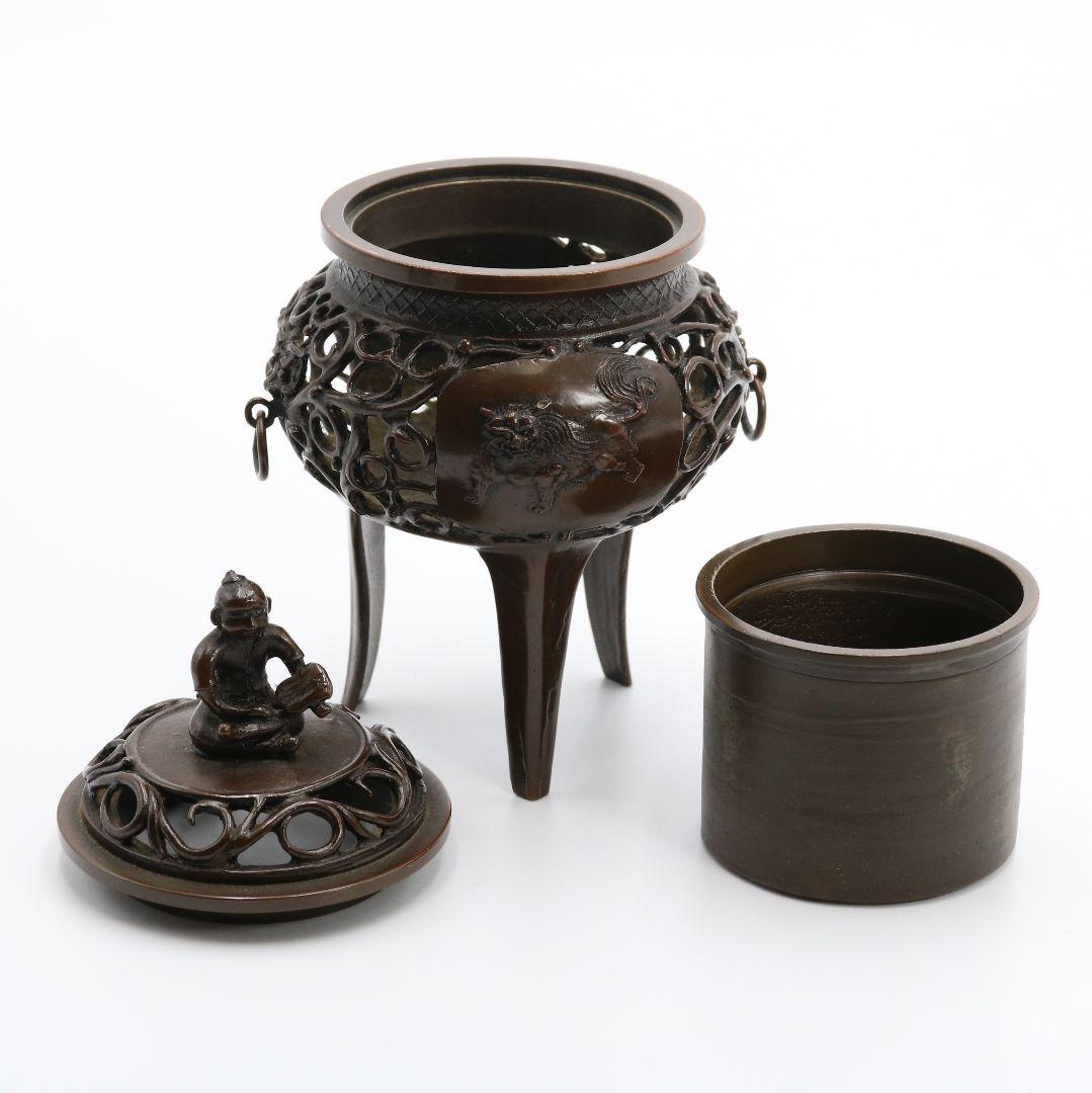 大森孝志造 蝋型青銅 唐子摘獅子透文香炉 共箱　N205　1FP8