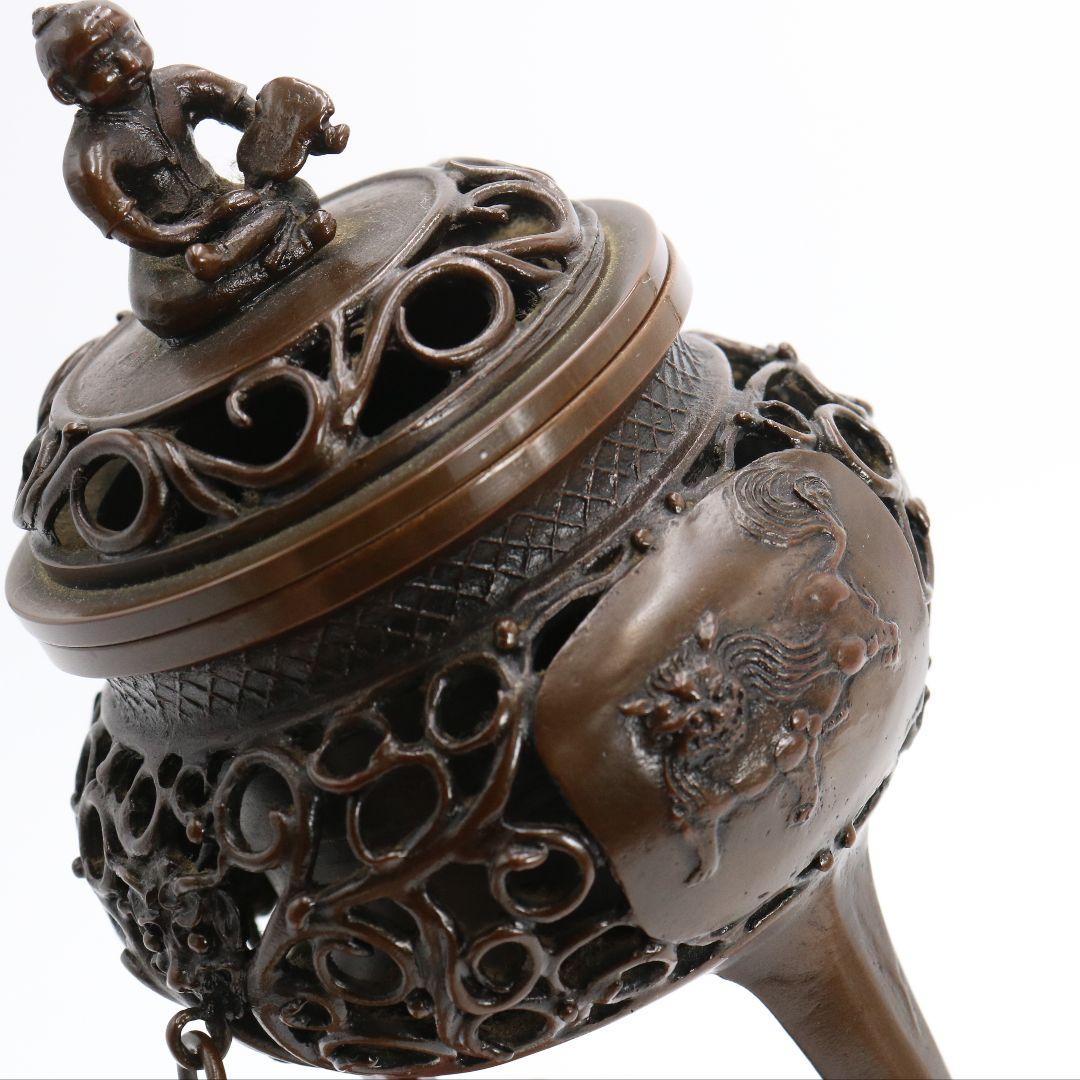 大森孝志造 蝋型青銅 唐子摘獅子透文香炉 共箱　N205　1FP8
