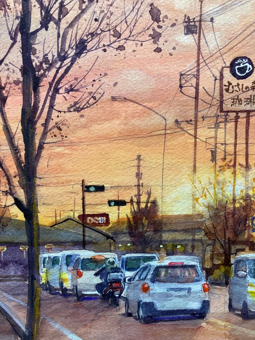 1093☆水彩画原画　風景画　夕景　［夕焼けのハナミズキ通り］