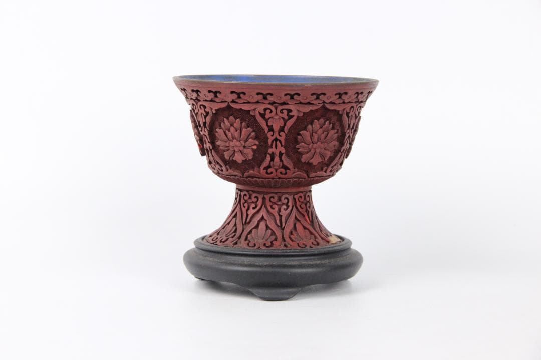 中国 清 希少 漆器 剔紅 堆朱 内七宝 唐木台付 置物 唐物 FJ21-9