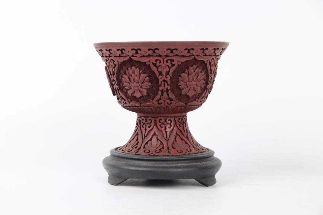 中国 清 希少 漆器 剔紅 堆朱 内七宝 唐木台付 置物 唐物 FJ21-9