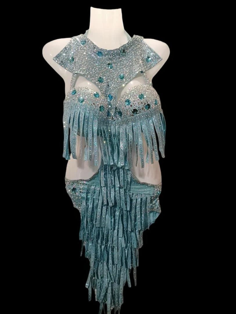 【新品Sale】エジプト製ベリーダンス セットアップ 水色 フリンジ