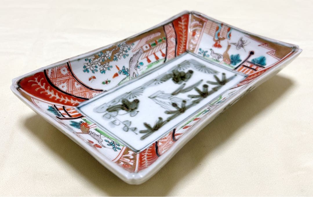 古伊万里　色絵鶴松竹梅楼閣文　長皿1枚　アンティ－ク