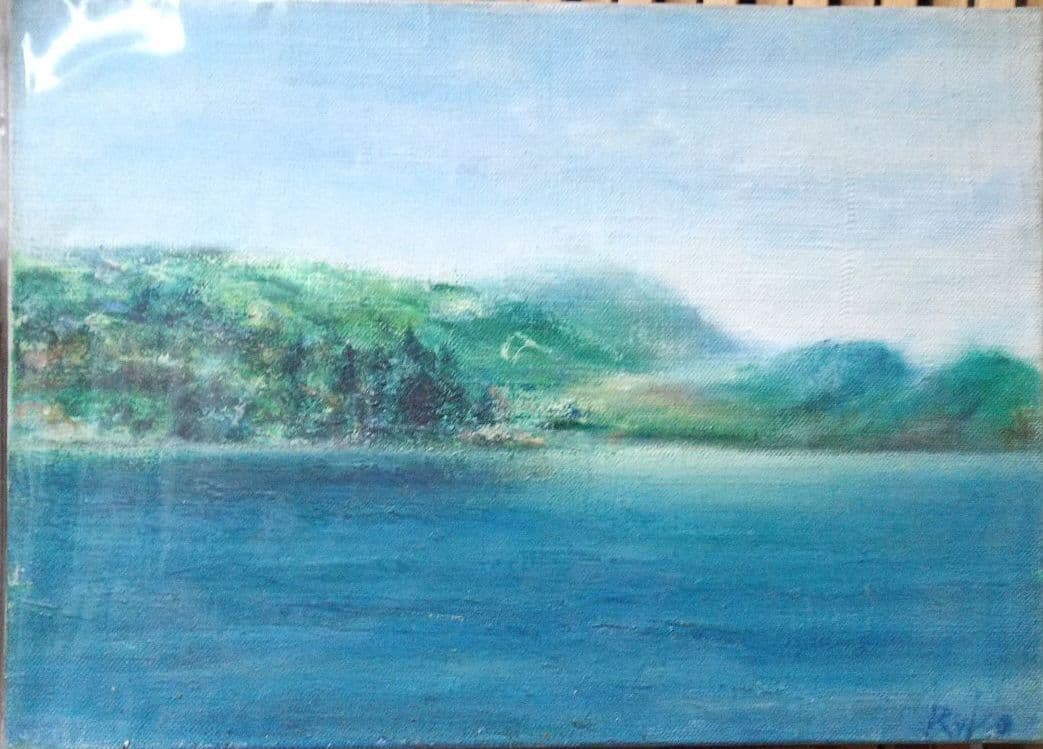 黒曜石とりに神津島へ　旧石器時代の景色　油彩　真作画　F4　清々しい汚染のない海