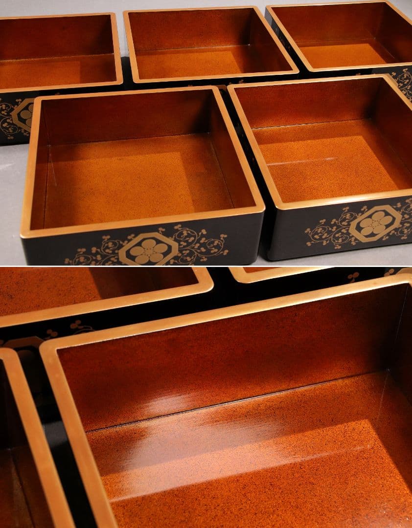 M486 輪島塗 八重門彦助 梅鉢家紋 蔦 宝尽くし金蒔絵 黒塗五段重 梨子地