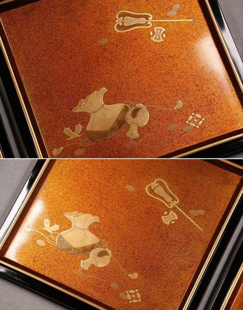 M486 輪島塗 八重門彦助 梅鉢家紋 蔦 宝尽くし金蒔絵 黒塗五段重 梨子地