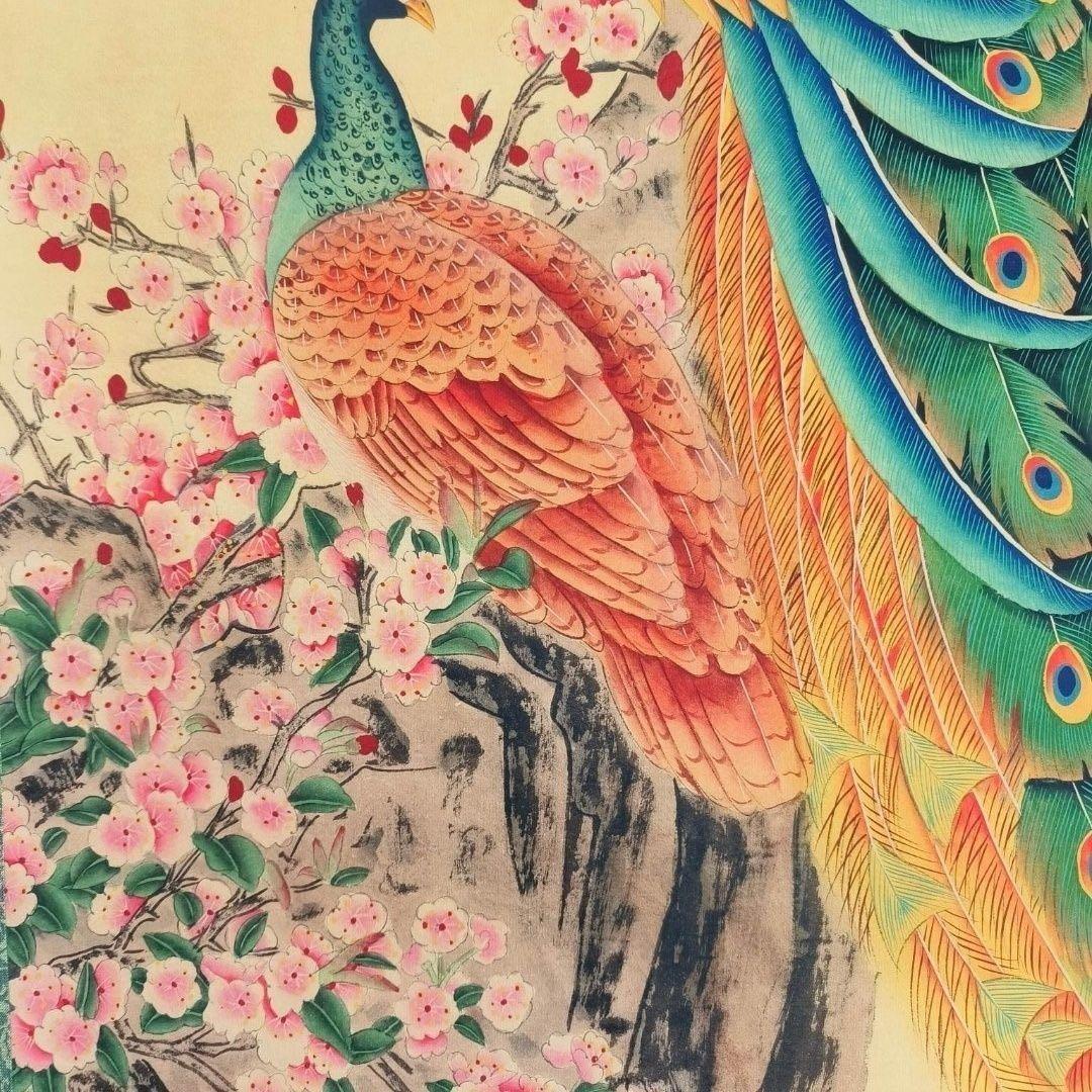 【掛軸・劉奎齢風】上林春色 孔雀図 中堂掛軸 証書付 168×65 装飾アート