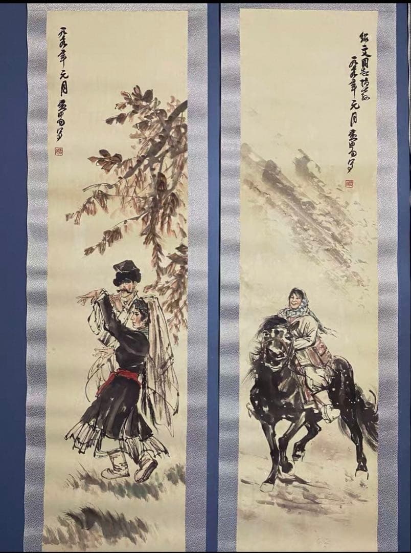 【四条屏】黄冑 風人物図 掛軸セット　宣紙・手工表装　中国画 伝統美術