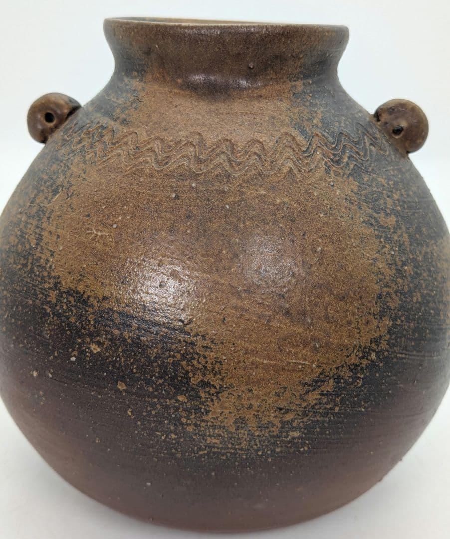 岡山県重要無形文化財 伊勢崎満 備前焼 耳付扁壺花生 共箱 花器 フラワーベース