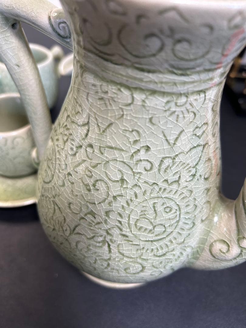 未使用保管品青磁タイセラドン焼きセット　旧家蔵出し、掘出し物、お茶、コーヒー