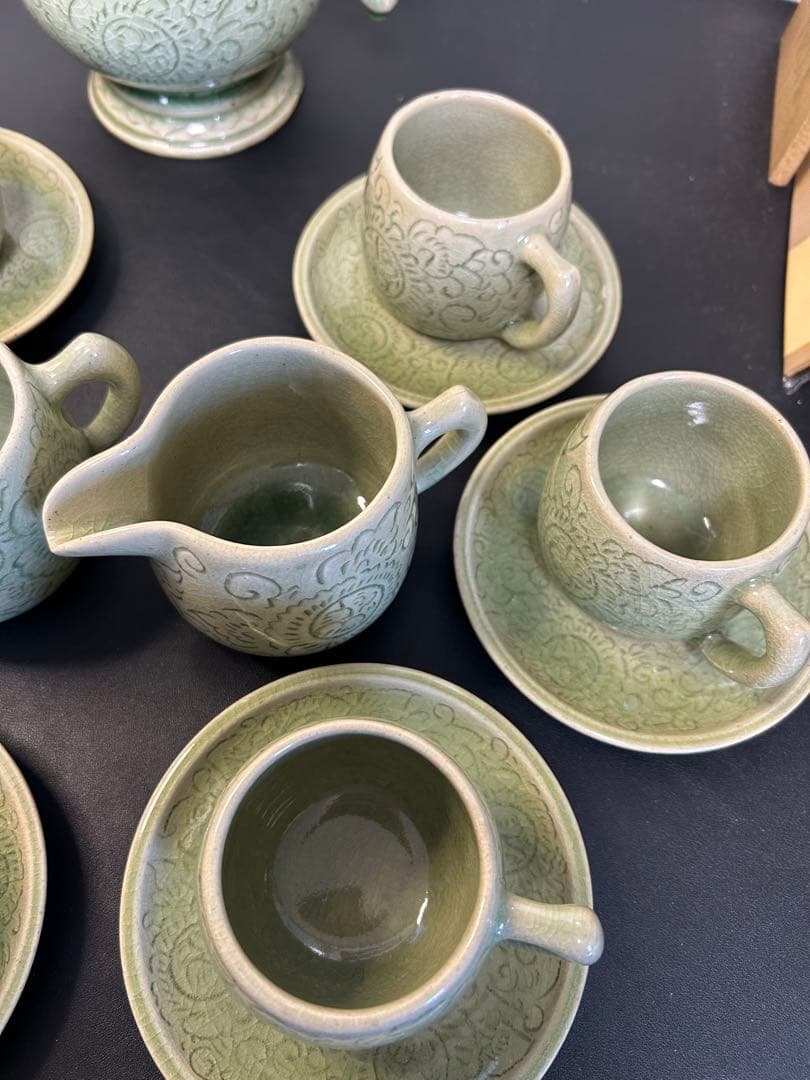 未使用保管品青磁タイセラドン焼きセット　旧家蔵出し、掘出し物、お茶、コーヒー