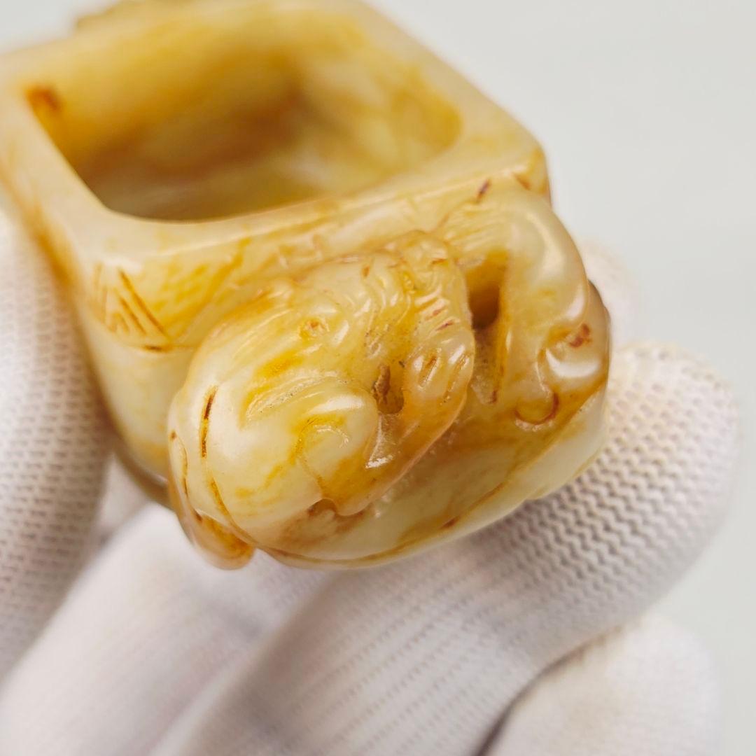 古美術 本物和田白玉 土黄沁 手彫 清代薄胎 双龍紋柄 筆洗 水丞 水盂 筆添