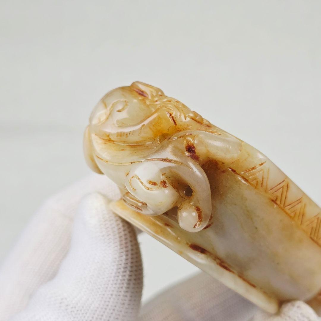 古美術 本物和田白玉 土黄沁 手彫 清代薄胎 双龍紋柄 筆洗 水丞 水盂 筆添