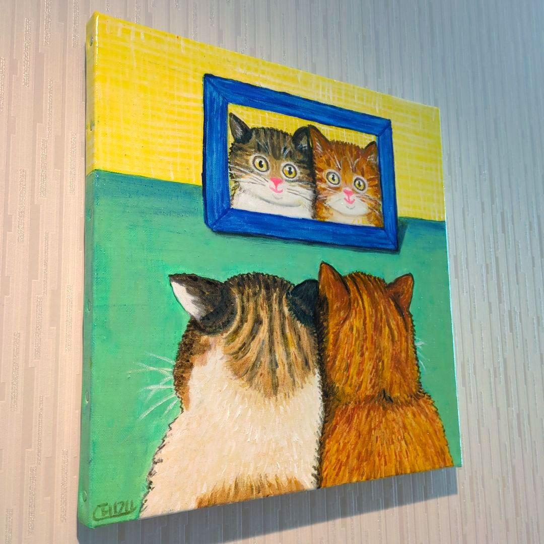 キャンバス油絵　自分の子どものころの写真を見るにゃんこたち