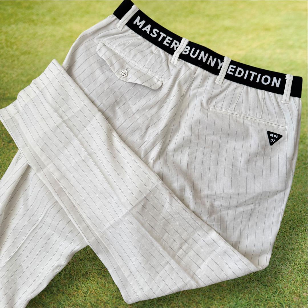 リネン素材　マスターバニー　パンツ　L〜XL相当 白　黒　ストライプ　タック入