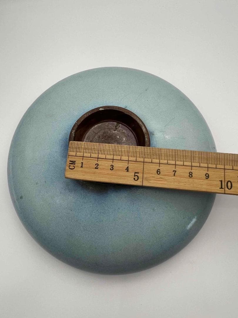 宋時代　青磁 鈞窯青釉飛紫紅斑盤　【旧家蔵出し】　窯変釉　辰砂皿(E-93)