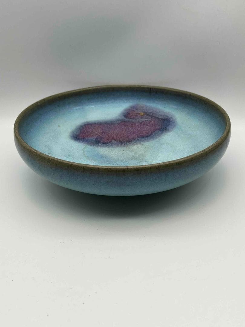 宋時代　青磁 鈞窯青釉飛紫紅斑盤　【旧家蔵出し】　窯変釉　辰砂皿(E-93)