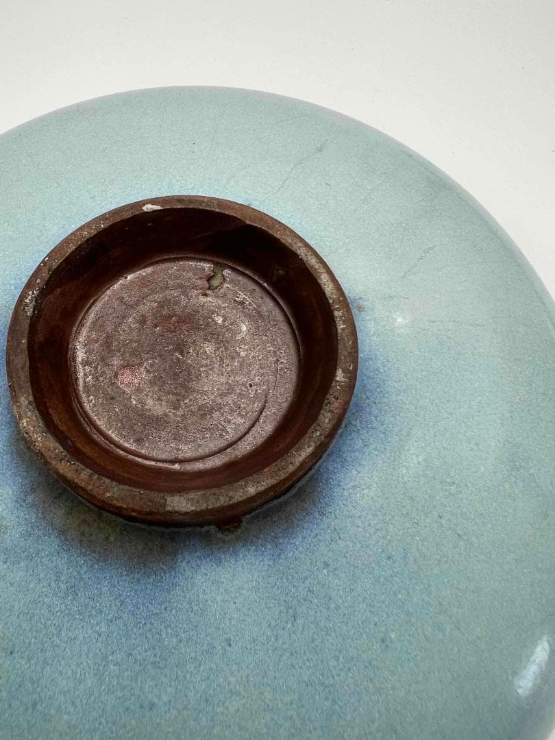 宋時代　青磁 鈞窯青釉飛紫紅斑盤　【旧家蔵出し】　窯変釉　辰砂皿(E-93)