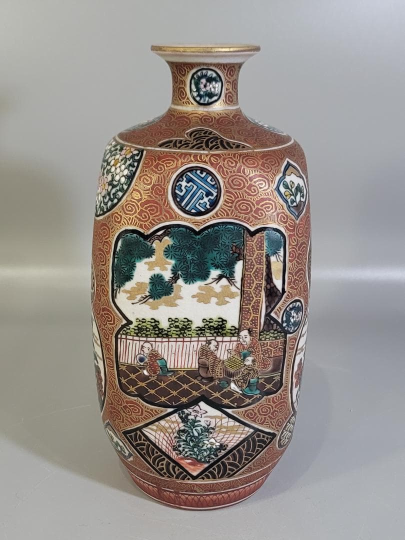 九谷 庄三造 金彩赤絵 花瓶 明治期 DT312