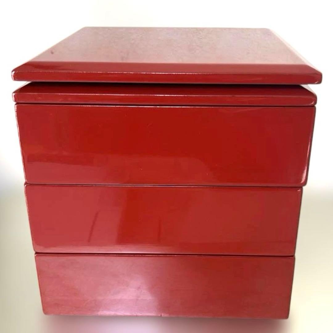 川連漆器 朱内黒 三段重めんとり 蓋二枚