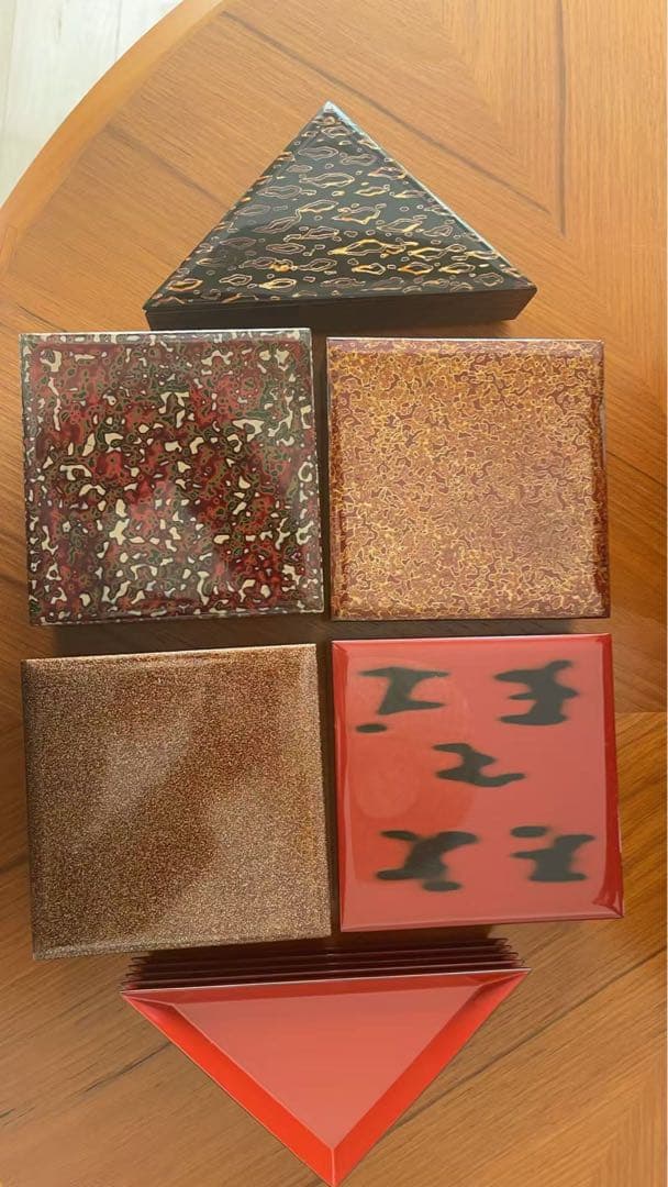蒔絵 五段重箱 収納箱付 変わり形 菱形・三角皿 組重 漆器 古美術 木製