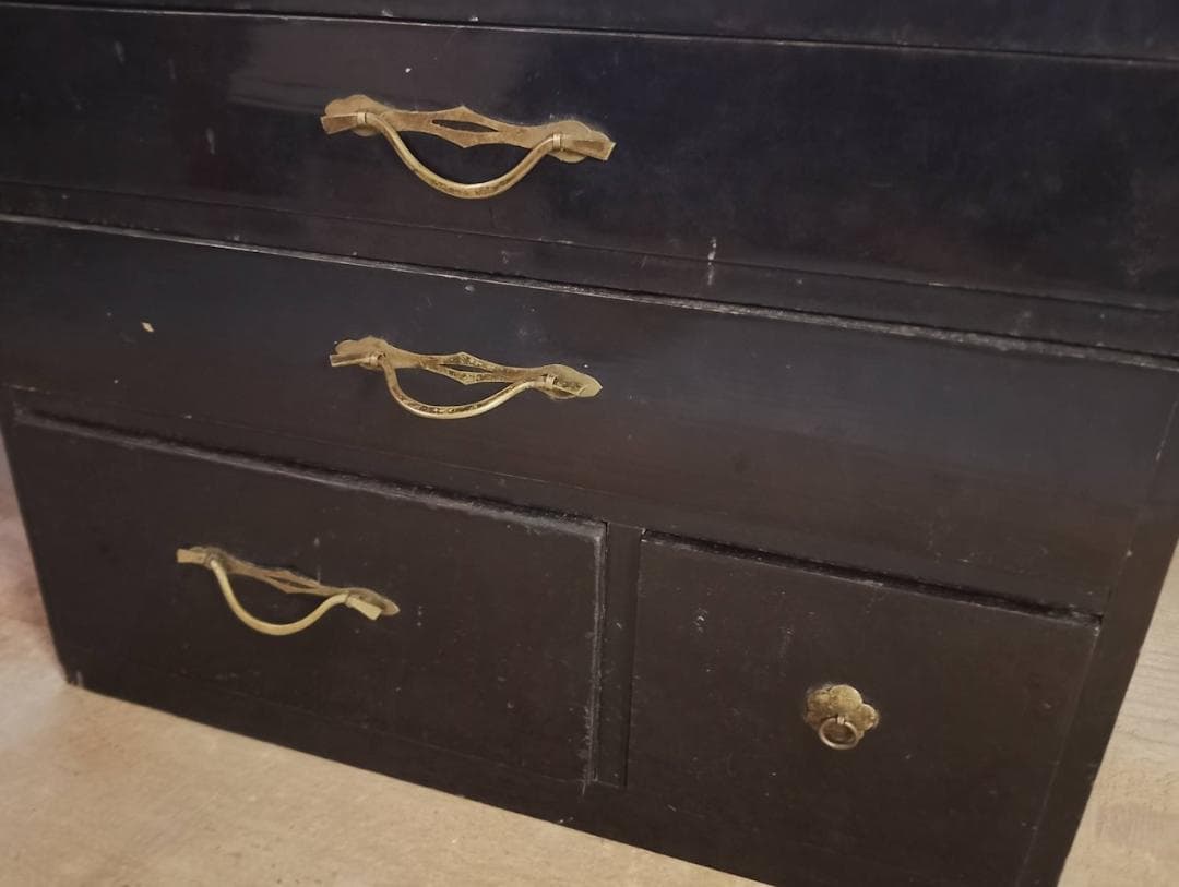古道具 黒漆塗 鏡台 化粧箱 引き出し付き 真鍮金具 昭和レトロ 和家具