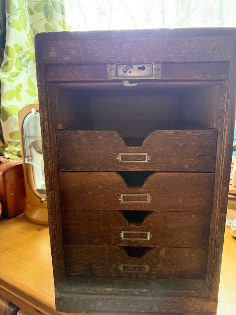 アンティーク木製スライド式蛇腹 ジャバラ扉4段引き出し収納 店舗什器