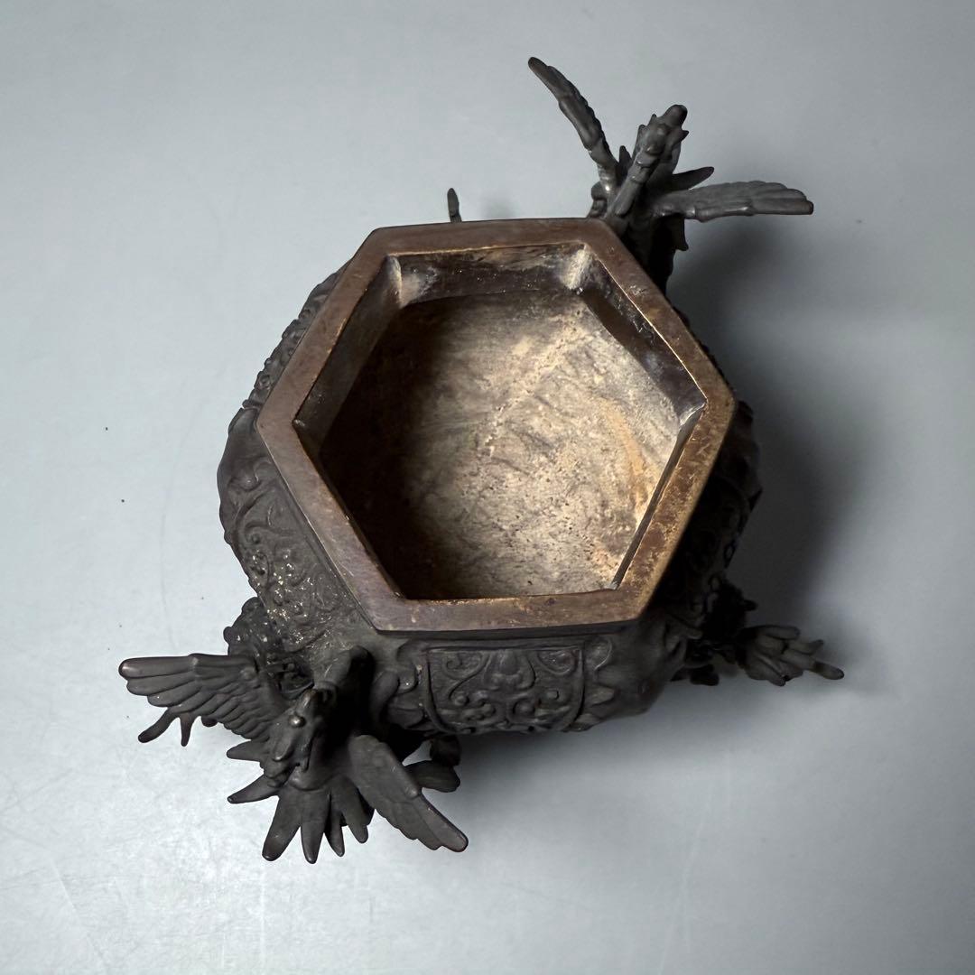 二上常太郎 元威作　蝋型鋳銅　細密細工　鳳凰耳牡丹獅子香炉　造形美　最高位作